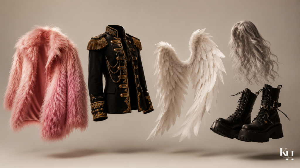 Floating iconic pieces (pink fur jacket, military coat, angel wings, silver hair, chunky boots) on a clean background
