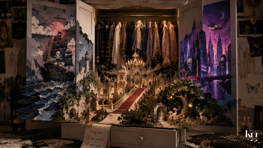 Paper diorama with different worlds (pirate sea, futuristic city, palace, enchanted forest) emerging from a wardrobe