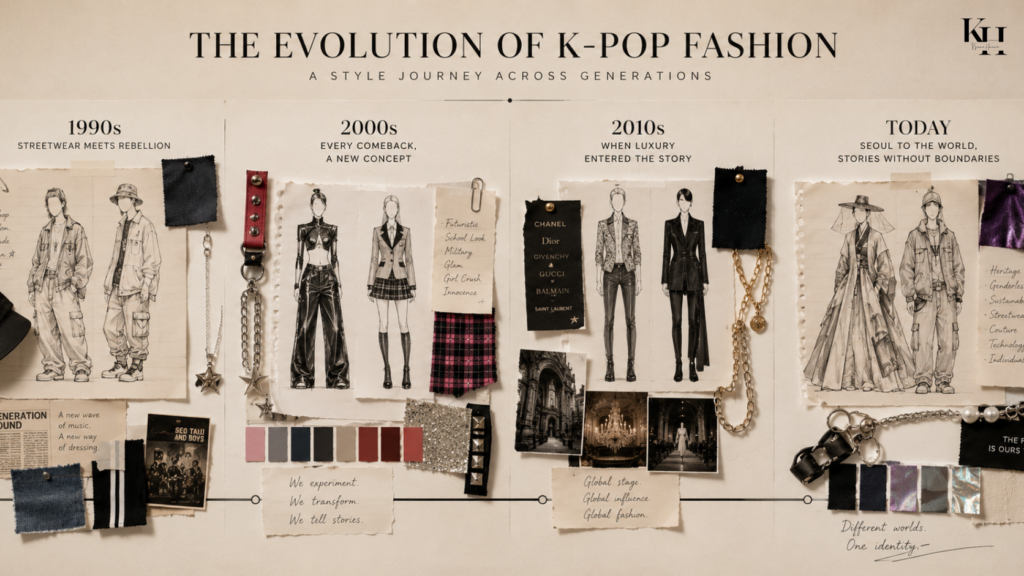 Elegant horizontal timeline from 1990s streetwear → 2000s concepts → 2010s luxury → modern couture