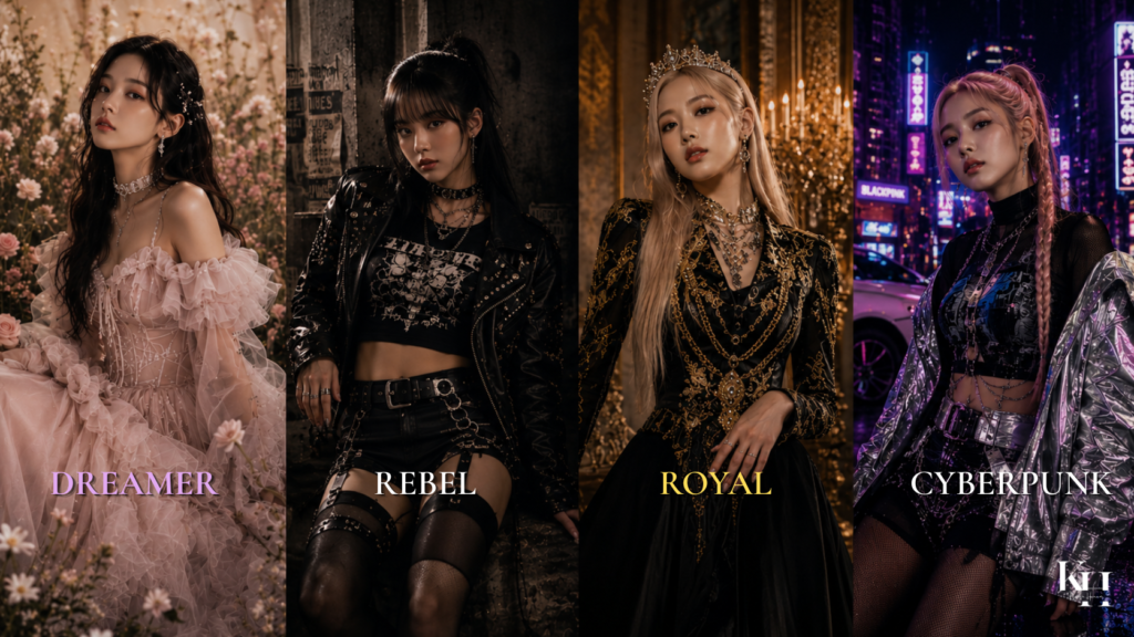 One model transformed into four completely different concepts (dreamer, rebel, royal, cyberpunk)