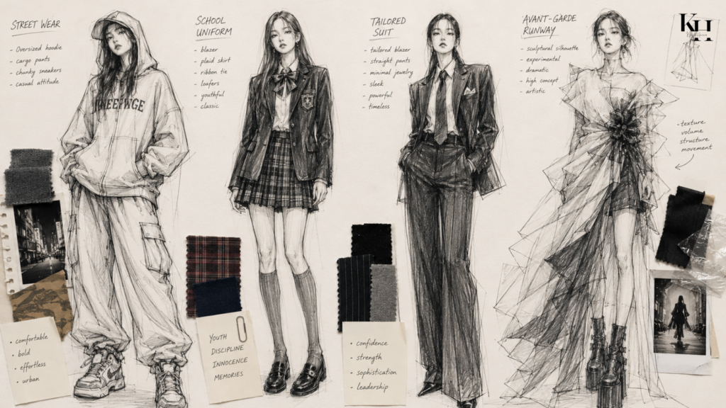 Four different outfits sketch (hoodie, school uniform, suit, avant-garde runway)
