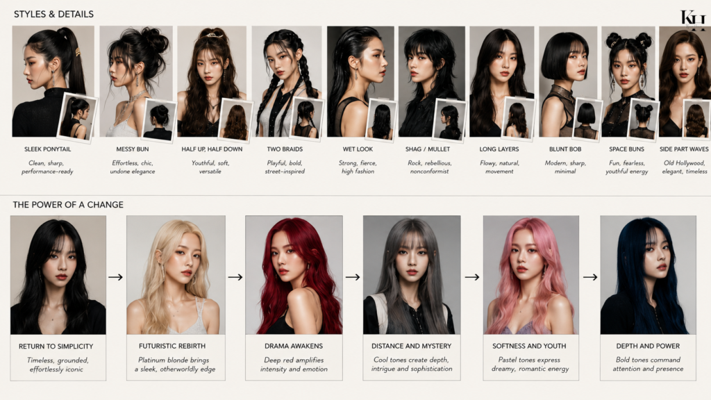 Different hairstyles and how it contributes to storytelling. Platinum blonde , Deep red, Natural black.