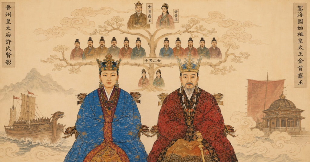 Traditional artistic depiction of Queen Heo Hwang-ok and King Kim Suro, legendary founders of the Geumgwan Gaya kingdom, with symbolic illustrations of their family lineage and Queen Heo's voyage from Ayuta.