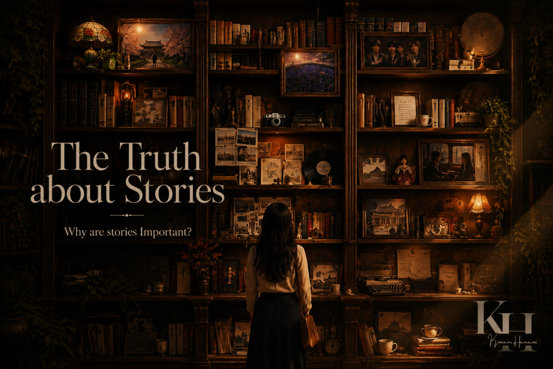 A woman standing before a large Victorian bookshelf filled with books, photographs, and keepsakes beneath the title "The Truth About Stories."