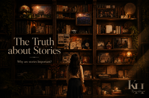 A woman standing before a large Victorian bookshelf filled with books, photographs, and keepsakes beneath the title "The Truth About Stories."