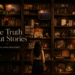 A woman standing before a large Victorian bookshelf filled with books, photographs, and keepsakes beneath the title "The Truth About Stories."