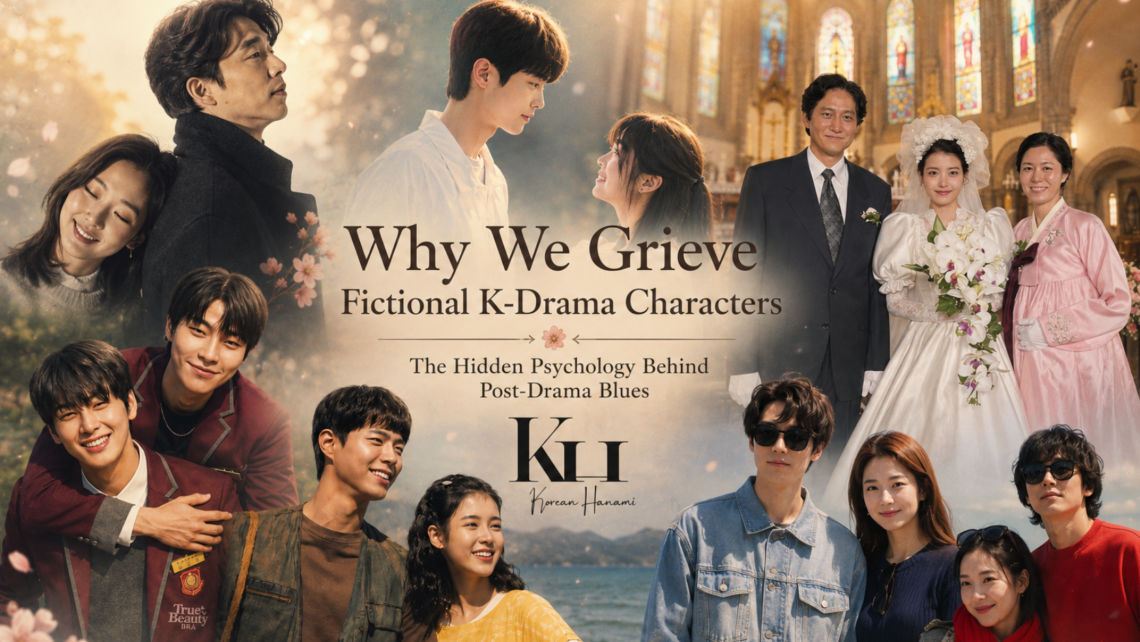Collage of popular K-drama characters including Goblin, Lovely Runner, When Life Gives You Tangerines, True Beauty, Our Beloved Summer, and Hotel del Luna, with the title "Why We Grieve Fictional K-Drama Characters."