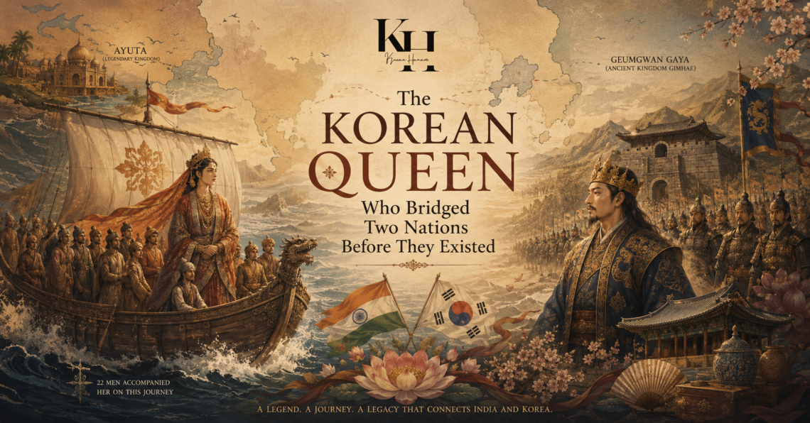 Illustrated feature image depicting Queen Heo Hwang-ok sailing from the legendary kingdom of Ayuta to Geumgwan Gaya, where King Suro awaits, symbolizing the legendary cultural bridge between India and Korea.