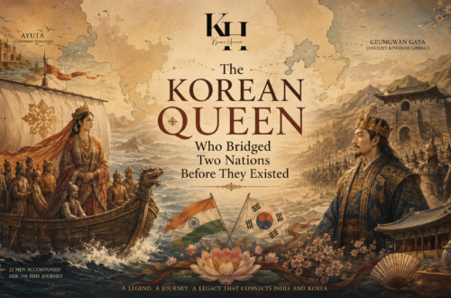 Illustrated feature image depicting Queen Heo Hwang-ok sailing from the legendary kingdom of Ayuta to Geumgwan Gaya, where King Suro awaits, symbolizing the legendary cultural bridge between India and Korea.