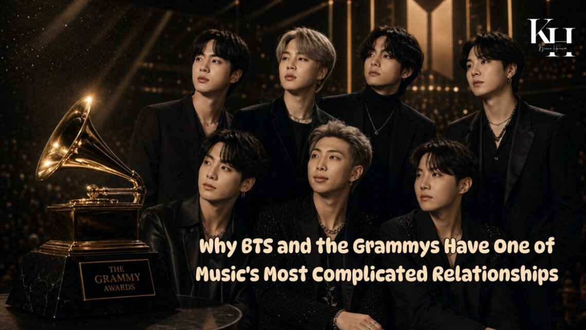 Seven-member K-pop group beside a Grammy trophy on an awards stage