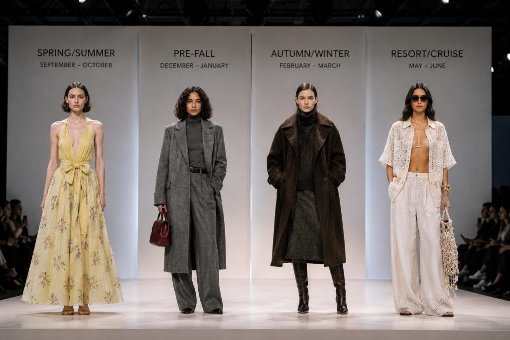 Fashion runway showing four seasonal collections: Spring/Summer, Pre-Fall, Autumn/Winter, and Resort/Cruise, with models representing each fashion season.