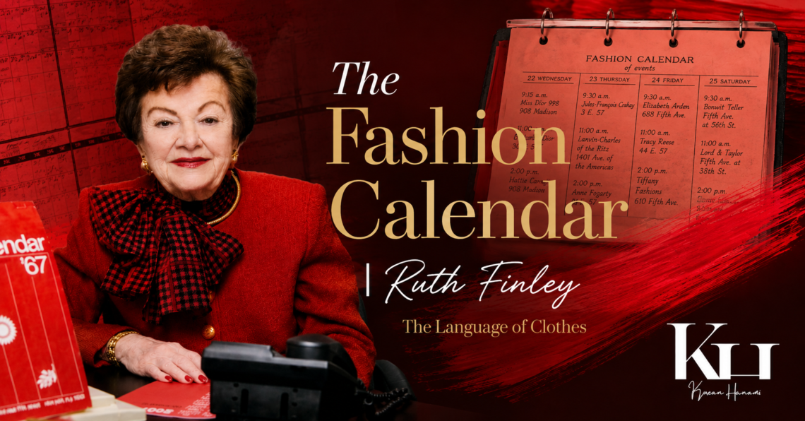 Ruth Finley seated beside the Fashion Calendar in a red fashion-editorial setting, with a vintage calendar, telephone, and bold red and gold design elements.