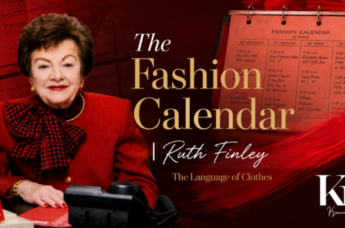 Ruth Finley seated beside the Fashion Calendar in a red fashion-editorial setting, with a vintage calendar, telephone, and bold red and gold design elements.
