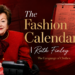 Ruth Finley seated beside the Fashion Calendar in a red fashion-editorial setting, with a vintage calendar, telephone, and bold red and gold design elements.